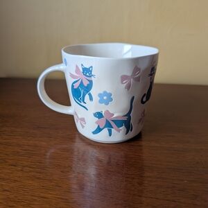 New Hand Painted Blue Cat in Pink Bows Ribbon & Daisy 16oz Coffee Tea Kitten Mug